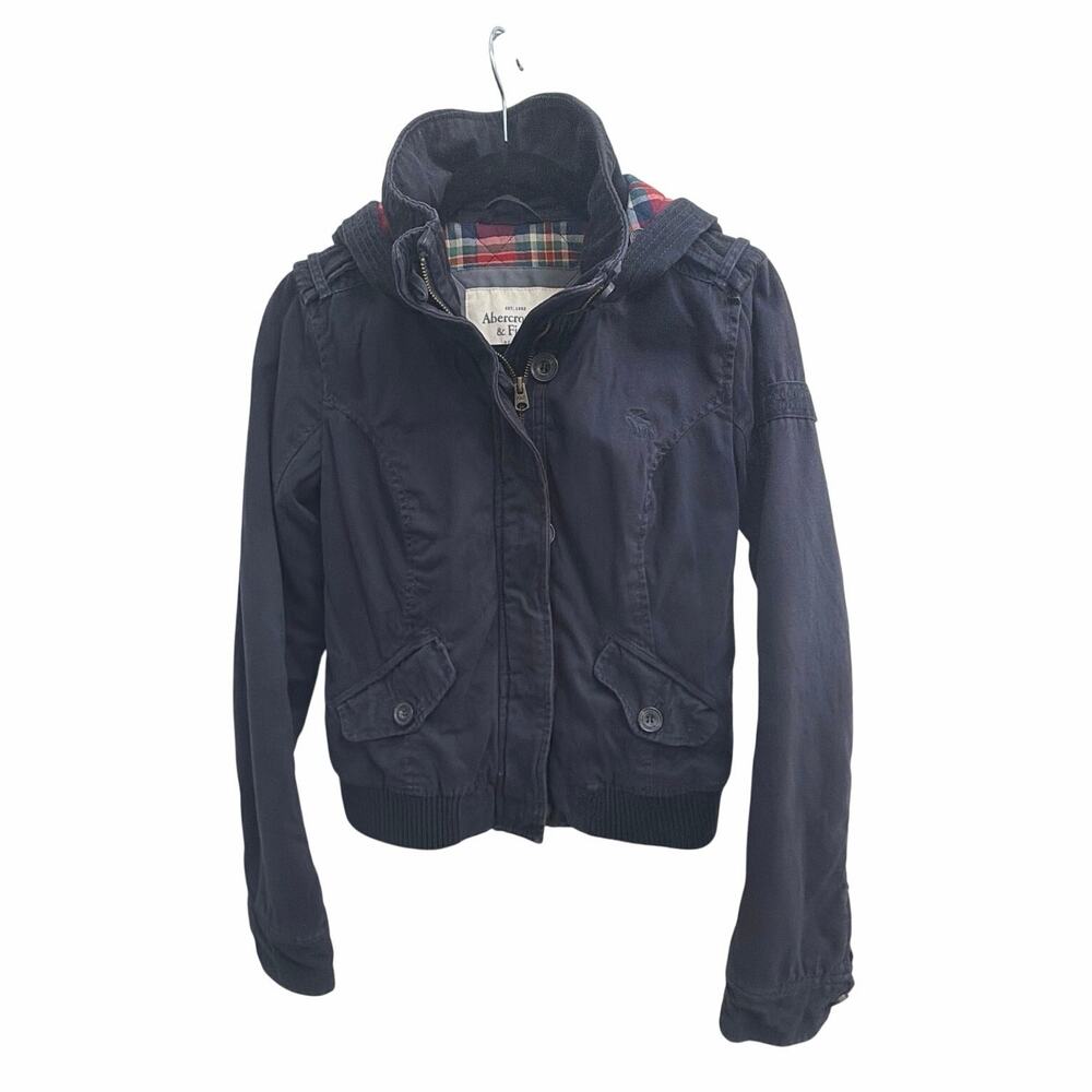 ABERCROMBIE & FITCH Women’s Navy Blue Bomber Jacket Red Plaid Lining Small Y2K - Picture 2 of 11